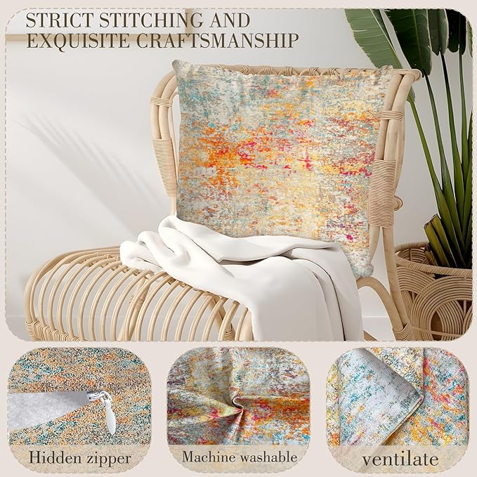 Boho Floral Throw Pillow Covers 16x16 inch Set of 2,Cream Boho Rug Geometric Floral Pattern Decor Double Sided Pattern Cushion Cover Soft Pillow Case Living Sofa Room Bed Square Pillow Cover