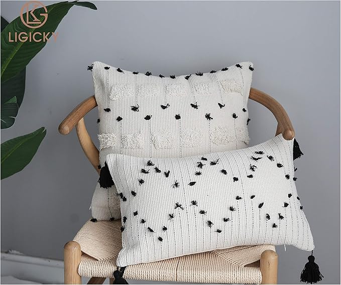 LIGICKY Boho Lumbar Pillow Covers 12x20 Inch Decorative Throw Pillows for Couch Chair Sofa Black and Off White Woven Tufted Pillow Case with Tassels