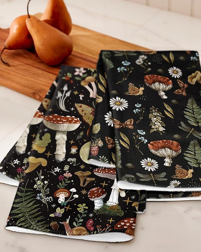 Microfiber Kitchen Towels - Set of 2 Dish Towels for Kitchen 18 x 26 Inch Home Decoration Black Mushroom Cute Spring Hand Towels Soft & Absorbent Aesthetic Design