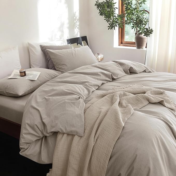 FOSSA Duvet Cover Set 100% Washed Cotton Linen Feel Super Soft Breathable Cozy 3 Pieces Bedding Sets Solid Cream Grey Full/Double