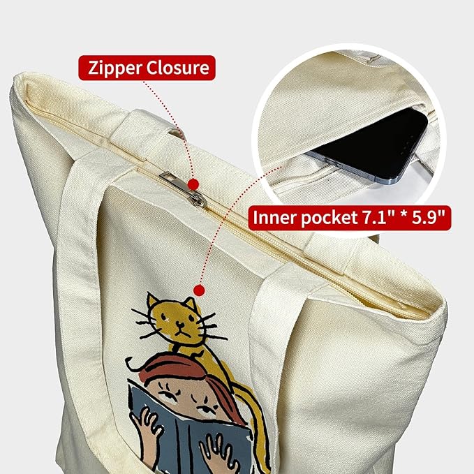 Canvas Tote Bag for Women, Aesthetic Tote Bag with Zipper Pocket for Grocery Travel Work Gift, Canvas Shopping Bag