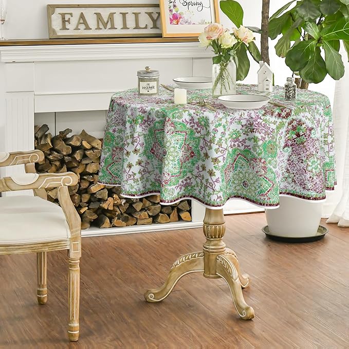 Horaldaily Boho Bohemia Style Tablecloth 70×70 Inch Round, Green Vintage Country Rustic Farmhouse Magical Fall Orange Washable Seasonal Table Cover for Party Picnic Dinner Decor
