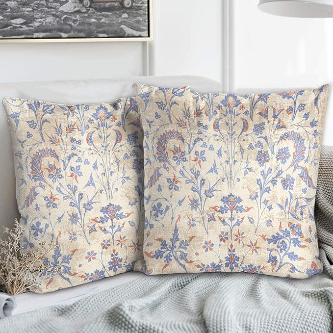 Boho Floral Throw Pillow Covers 20x20 inch Set of 2,Cream Boho Rug Geometric Floral Pattern Decor Double Sided Pattern Cushion Cover Soft Pillow Case Living Sofa Room Bed Square Pillow Cover