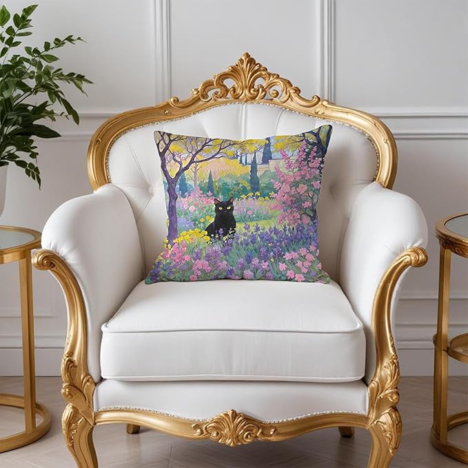 Spring Garden Black Cat Pillow Covers 18x18, Cats Lovers Lady Gifts, Cat Mom Grandma Gifts, Vintage Floral Cats Decorative Pillow Covers for Home Bedroom Living Room Office Decor