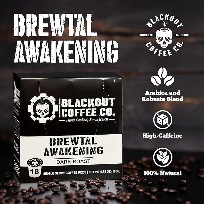 Blackout Coffee Brewtal Awakening Dark Roast Coffee – HIGH CAFFEINE, Bold & Strong, Fuel Your Mission – 18 Count K-Cup Pods, American Made