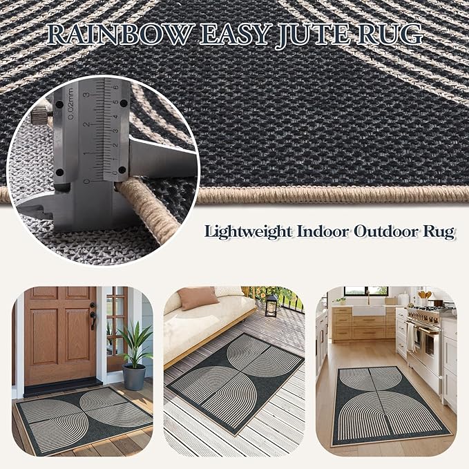 Lahome Rainbow Easy Jute Rug, 32"x48" Door Mat Black Indoor Outdoor Neutral Entryway Rug, Farmhouse Non Slip Non Shedding Lightweight Kitchen Mats for Floor Entrance