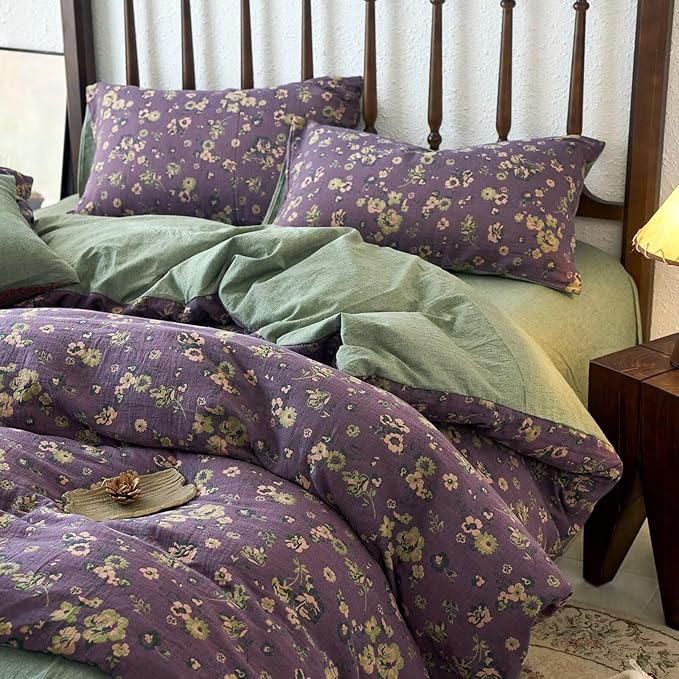 mixinni Vintage Floral Duvet Cover Queen Set - Purple & Green Reversible Jacquard, 100% Yarn-Dyed Double-Layer Cotton, Breathable Luxury Bedding (3-Piece, Includes 2 Pillowcases) Farmhouse & Bohemian