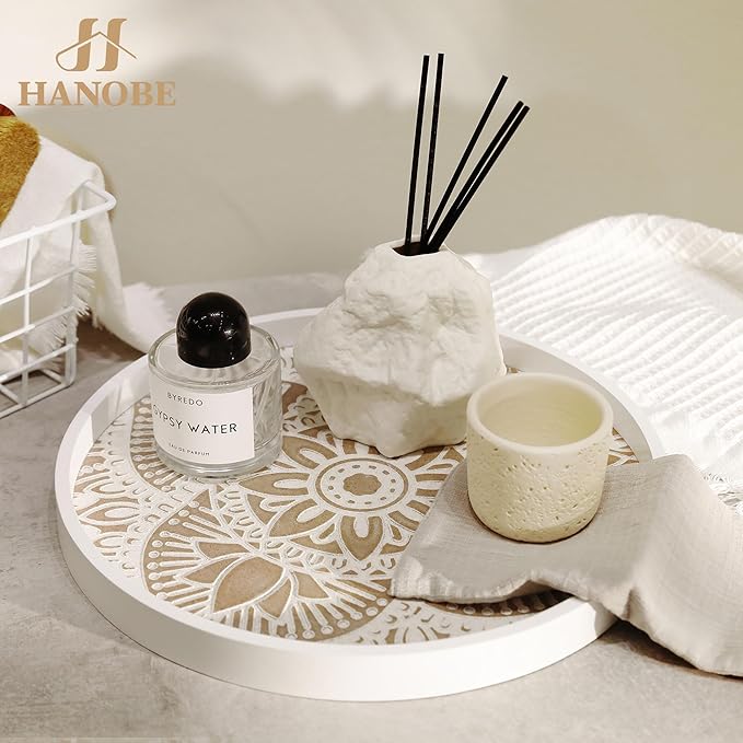 Hanobe Decorative Serving Tray Round: Farmhouse Coffee Table Decor Boho White Mandala Trays for Living Room Kitchen Centerpiece Display