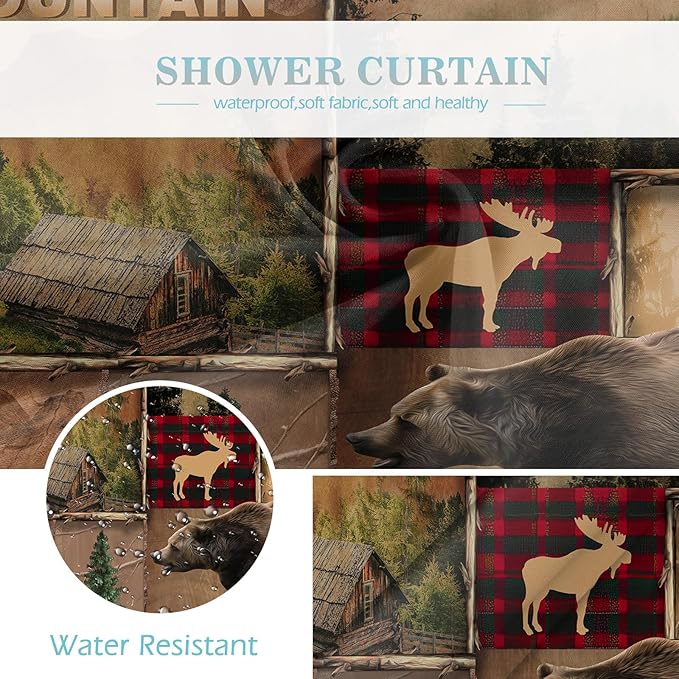 Aimego Farmhouse Cabin Shower Curtain - Rustic Western Brown Bear Deer Forest Plaid Check Moose Country Vintage Fabric Cloth Bath Shower Curtain Set with 12 Hooks for Bathroom Decor, 72"x72"