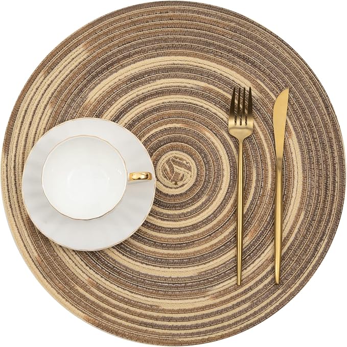 SHACOS Round Placemats Set of 6 Washable 15 inch Variegated Braided Round Place Mats Kitchen Table Mats (Rainbow Brown, 6)