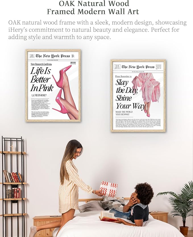 iHery Natural OAK Wood Retro Baby Pink News Framed Wall Art, 12x16 in Life Is Better In Pink Canvas Wall Decor, Beige Modern Trendy Newspaper Bedroom Decor, Set of 1 For Bathroom Living Room