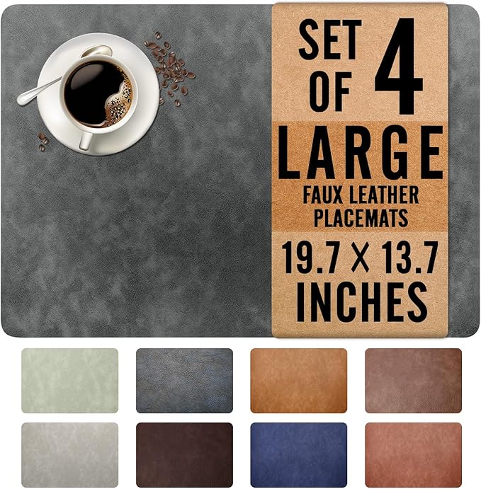 UnivoColors Washed Cowhide Pattern Faux Leather Big Size Placemats Set of 4, Waterproof Easy to Clean Anti-Slip PU Table Mats for Party Decoration19.7″×13.6″,Dark Grey Retro Cowhide Pattern