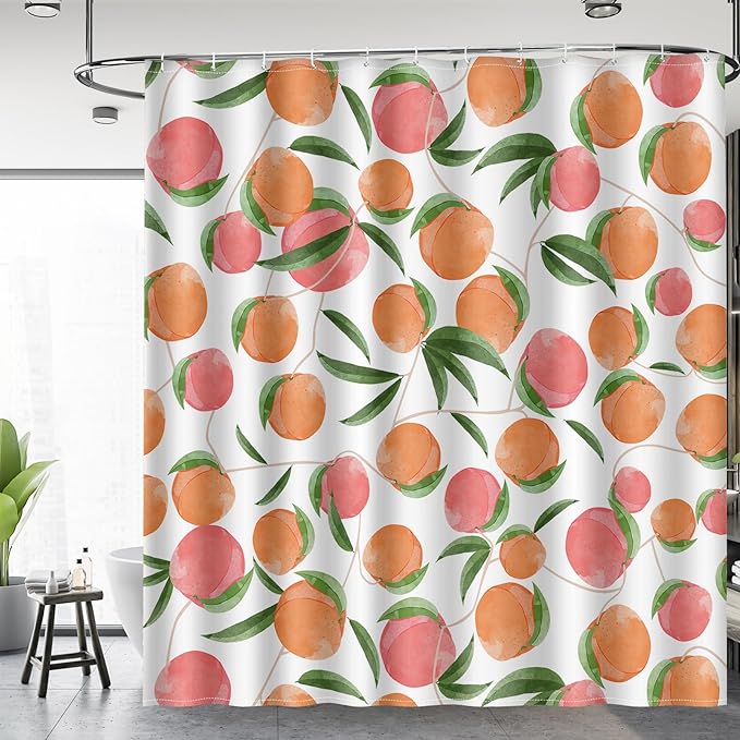 Aimego Peach Fruit Shower Curtain - Pink Orange Cute Peach Green Leaves Plant Modern Nature Fabric Cloth Bath Shower Curtain Set with 12 Hooks for Bathroom Decor Accessories, 72"x72"