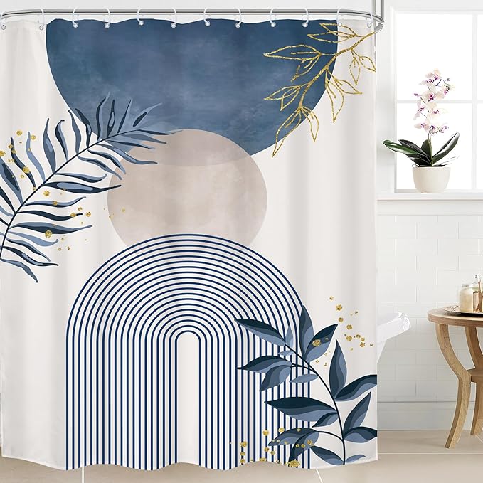 Blue Gray Boho Shower Curtain 72Wx96H Extra Long Modern Bohemian Abstract Dusty Blue Gold Leaves Mid Century Plant Bathroom Decor Minimalist Geometric Bath Curtain Fabric Polyester 12 Pack Hook