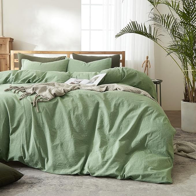 AMWAN Soft Sage Green Duvet Cover Twin 3 Piece Washed Cotton Bedding Sets Simple Style Light Green Comforter Cover Breathable Cotton Green Bedding Duvet Cover for Kids Boy Girl Adults Twin Bed Set