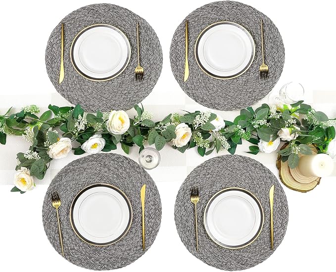 SHACOS Round Braided Placemats Set of 6 Thick Woven Placemats Washable 15 inch Circle Place Mats Non Slip Table Mats for Dining Table, Gray White