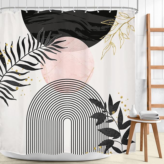 Black Pink Boho Shower Curtain 72Wx72H Bohemian Modern Mid Century Abstract Minimalist Gold Leaves Sun Arch Geometric Plant Bathroom Decor Neutral Bath Curtain Fabric Polyester 12 Pack Hooks
