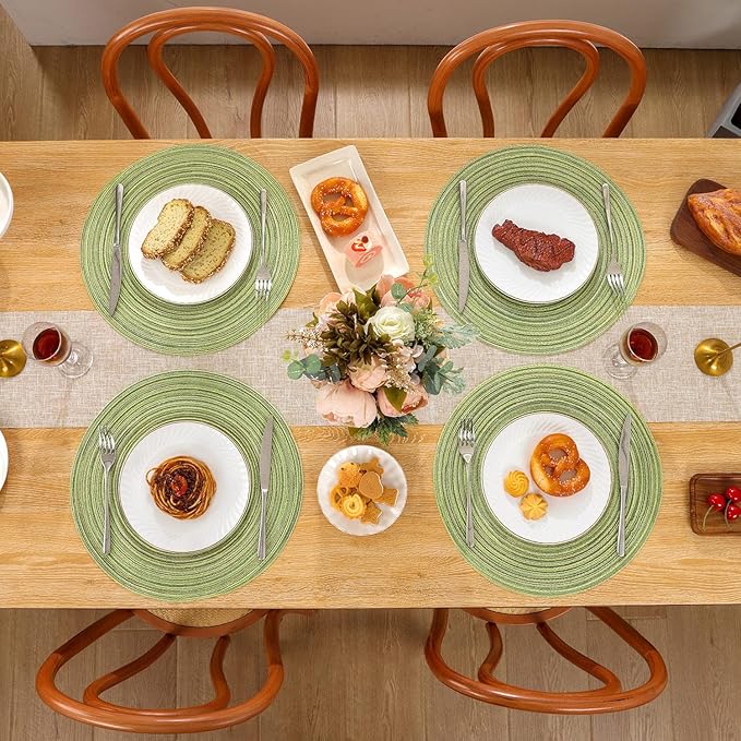 SHACOS Round Placemats Set of 6 for Dining Tables 15 inch Cotton Braided Placemats Washable Reversible for Kitchen Holiday Party (Pea Green, 6)