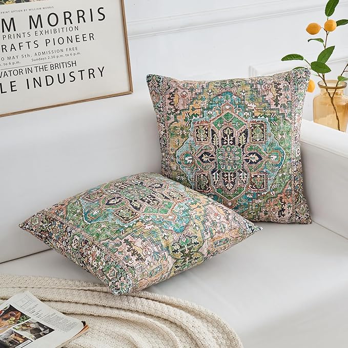 Boho Throw Pillow Covers 18x18 inch Set of 2,Boho Vintage Carpet Pattern Antique Ethnic Decor Double Sided Pattern Cushion Cover Soft Pillow Case Living Sofa Room Bed Square Pillow Cover