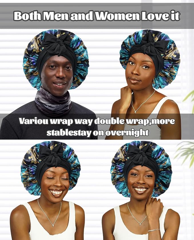 Satin Bonnet Silk Bonnet for Sleeping Silk Sleep Cap Double Layer Hair Bonnet with Elastic Tie Band for Curly Hair Night Cap(Print+Black)