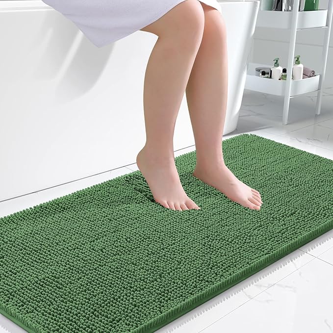 OLANLY Bathroom Rugs 47x24, Extra Soft Absorbent Chenille Bath Rugs, Rubber Backing Quick Dry, Machine Washable Bath Mats for Bathroom Floor, Tub and Shower, Home Decor Accessories, Olive Green