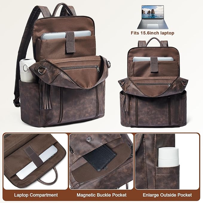 Shrrie Laptop Backpack for Women 15.6 inch,Travel Leather Backpack Purse Nurse Teacher Carry on Backpack Computer Bag,Professional Water-Resistant College Business Work Casual Daypack,Deep Gray