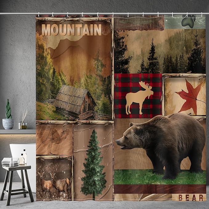 Aimego Farmhouse Cabin Shower Curtain - Rustic Western Brown Bear Deer Forest Plaid Check Moose Country Vintage Fabric Cloth Bath Shower Curtain Set with 12 Hooks for Bathroom Decor, 72"x72"