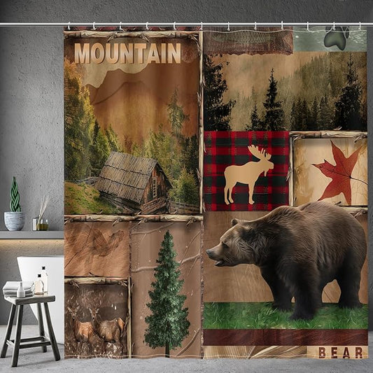 Aimego Farmhouse Cabin Shower Curtain - Rustic Western Brown Bear Deer Forest Plaid Check Moose Country Vintage Fabric Cloth Bath Shower Curtain Set with 12 Hooks for Bathroom Decor, 72"x72"