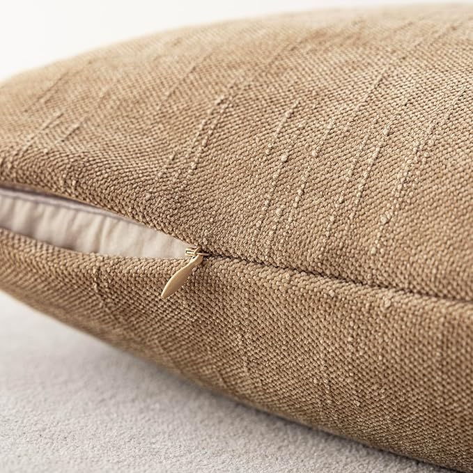 Foindtower Pack of 2 Textured Chenille Throw Decorative Pillow Covers Square Accent Solid Cushion Cover Neutral Farmhouse Pillow Case for Couch Sofa Bedroom Living Room 16x16 Inch,Taupe Khaki Camel