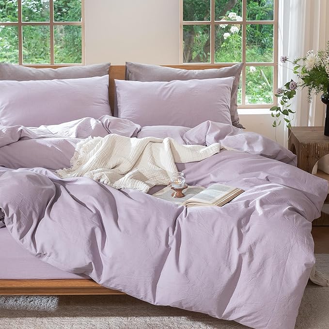 MooMee Bedding Duvet Cover Set 100% Washed Cotton Linen Like Textured Breathable Durable Soft Comfy (Heathered Light Purple, Full 80"x90")