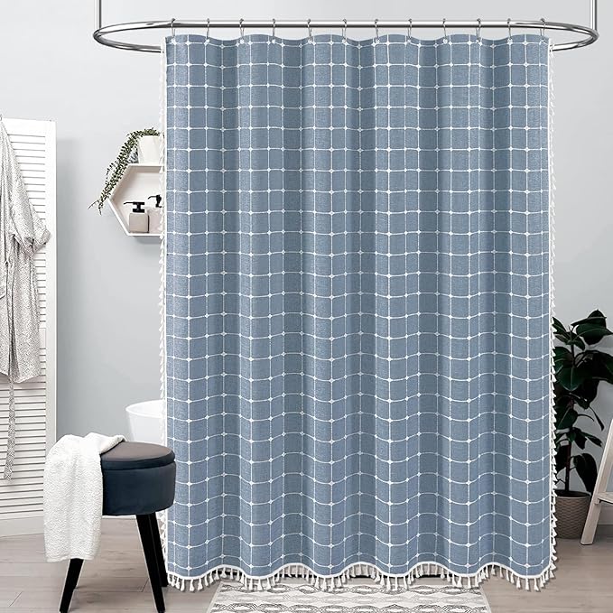 BTTN 78 Inch Long Shower Curtain - Boho Farmhouse Linen Ultra Thick Fabric Shower Curtain Set with Plastic Hooks, Tall Rustic Country Weighted Cloth Shower Curtains for Bathroom Decor - Blue - 72x78