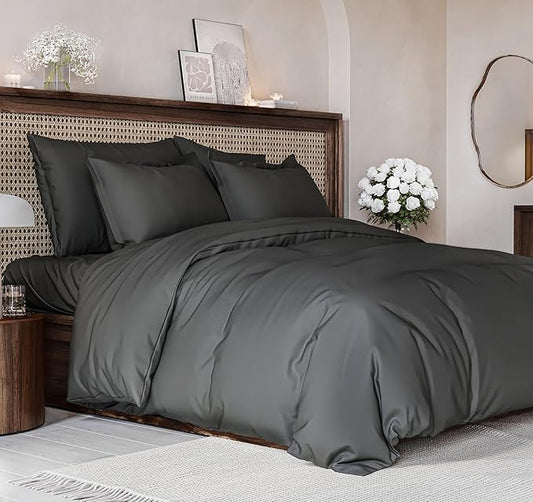 Duvet Cover Queen Size Set - Extra Soft Queen Size Duvet Cover 90 x 90 with 2 Pillow Shams - Hotel Luxury Easy Care and Fade Free w/Zipper Closures & Ties - Comfy Breathable Bedding Set (Charcoal)