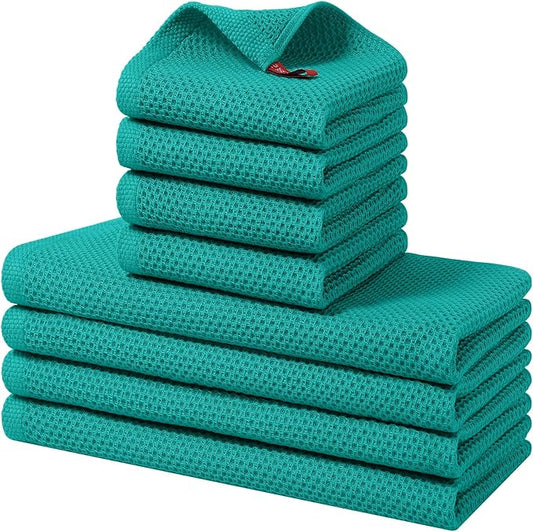 Homaxy 100% Cotton Kitchen Towels and Dishcloths Set, 12 x 12 Inches and 13 x 28 Inches, Set of 8 Bulk Kitchen Towels Set, Ultra Soft Absorbent Dish Cloths for Washing Dishes, Teal