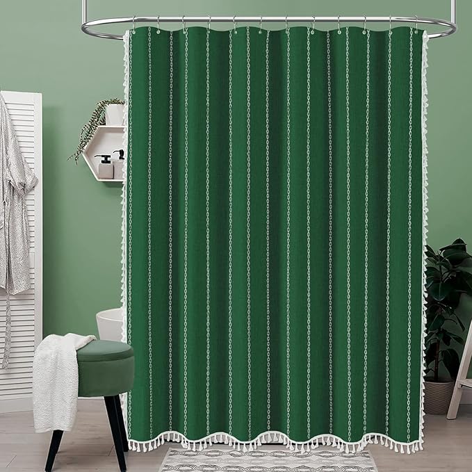 BTTN Boho Farmhouse Shower Curtains, Linen Rustic Weighted Striped Fabric Shower Curtain with Tassel, Water Repellent, Bohemian Vintage Country Cloth Shower Curtain for Bathroom, Emerald Green, 72x72