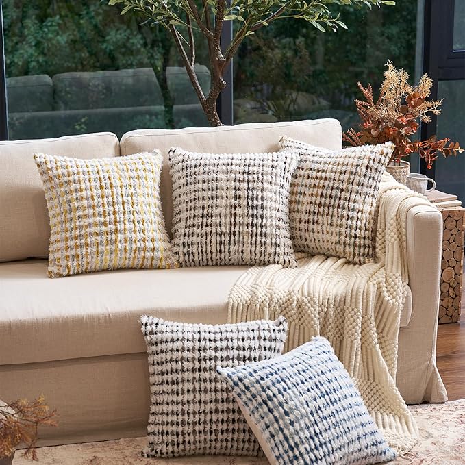 Aeckself Boho Chenille Tufted Pillow Cover 12x20 Inch, Rectangle Decorative Lumbar Throw Pillow Cover Neutral Pillowcase for Couch Bedroom Living Room, Blue White