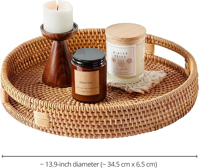 JUNGLE CULTURE Large Rattan Serving Tray 14" in Natural Honey • Round Table Basket • Wicker Ottoman Trays with Handles for Coffee Table, Bed Side or Couch • Flat Circle Woven Tray • Boho Farmhouse