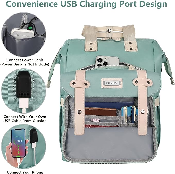 FALANKO Laptop Backpack for Women,Doctor Teacher Nurse Work Bookbag for 15.6 Inch Laptop,Large Travel Wide Open College Shoulder Purse Bag With RFID Anti Theft USB Charging Port-Green