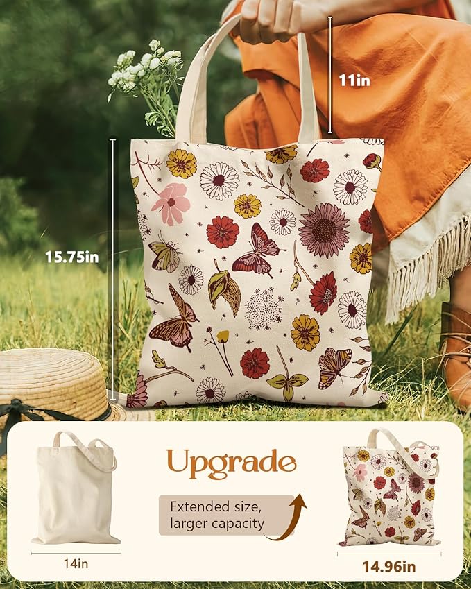 Aesthetic Tote Bag for Girls - with Magnetic Buckle and Zipper Inner Pocket for Women Lady Canvas Cotton Tote Bag