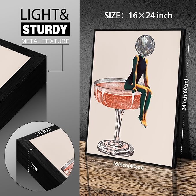 Funky Disco Ball Girly Head Poster 70s Retro Cocktail Canvas Wall Art 16x24 inch Black Framed Trendy Vintage Beige Prints Painting for Family Bar Wall Decor