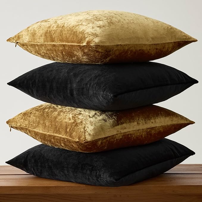 Gold Black Pillow Covers 20x20 Set of 4,Velvet Luxury Couch Throw Pillow Soft Covers Decorative Modern Square Pillows Living Room Vintage Cushion Covers