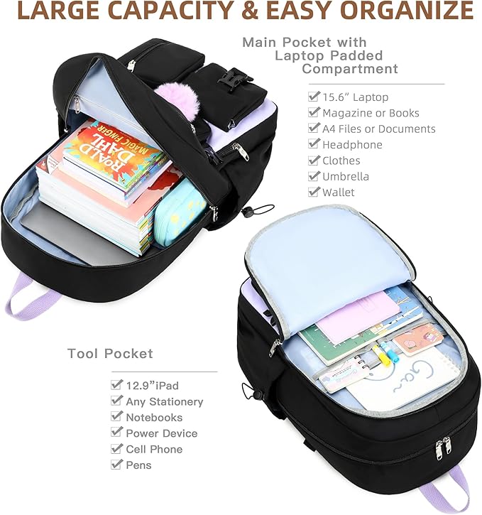 Laptop Backpack 15.6 Inch Kids Elementary Middle High School Bag College Backpacks Anti Theft Travel Back Pack Large Bookbags for Teens Girls Women Students (Black Purple)