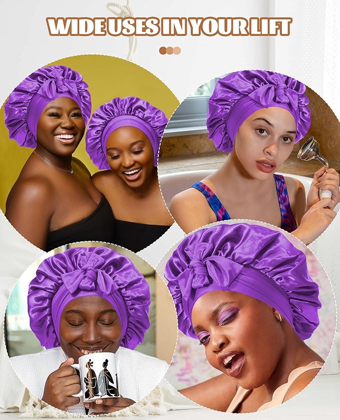 Satin Bonnet Silk Bonnet for Sleeping Silk Sleep Cap Double Layer Hair Bonnet with Elastic Tie Band for Curly Hair Night Cap (Dark Purple+Light Purple)