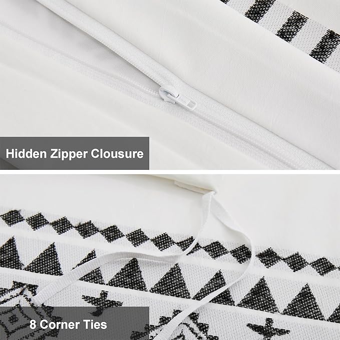 Oli Anderson Boho Duvet Cover Set Queen Size, Black and White Color Clash 3 PCS Microfiber Bedding Set, Durable and Super Soft Duvet Covers with Zipper and Ties, 90"*90"