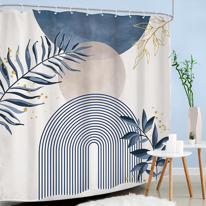 Blue Boho Shower Curtain 72Wx72H Modern Bohemian Abstract Leaves Plant Botanical Grey Mid Century Minimalist Arch Bathroom Decor Geometric Neutral Bath Curtain Fabric Polyester 12 Pack Hook