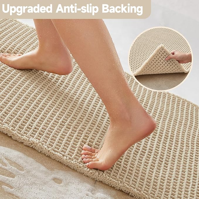 Pale Beige Long Bathroom Rug, Waffle Runner Rug Bathroom Non Slip Washable Super Absorbent Quick Dry Boho Farmhouse Bath Mat, 72''x24'' Pale Beige