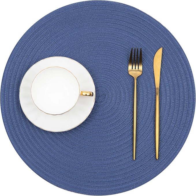 SHACOS Round Placemats Set of 6 Washable 15 inch Round Table Mats Cotton Polyester Woven Braided Place Mats for Dining Table (Sail Blue, 6)