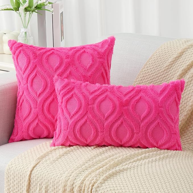 decorUhome Fall Throw Pillow Covers 20x20 Inch Set of 2, Soft Plush Decorative Faux Fur Hot Pink Solid Couch Pillow Covers, Accent Farmhouse Neutral Square Euro Pillow Cases for Sofa Bed Living Room