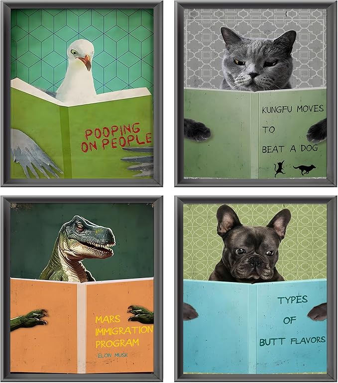 ASTRDECOR Funny Bathroom Decor Wall Art Prints Set - Animals Reading Books Inspirational Canvas Painting, Humor Vintage Bathroom Pictures, Cute Humor Animals Wall Decor Signs【8x10inch, Unframed】