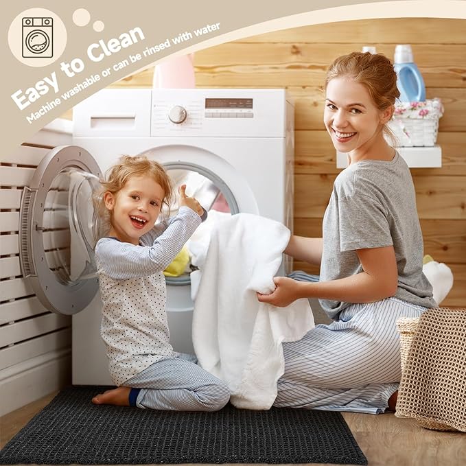 Black Bathroom Rug, Waffle Bath Mat Non Slip Washable Super Absorbent Quick Dry Boho Farmhouse Bathroom Decor, 24"x16" Black