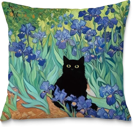 William Morris Floral Black Cat Pillow Covers 18x18, Cat Lovers Mom Grandma Gifts for Mother's Day, Blue Floral Cats Decorative Pillow Covers for Home Bedroom Living Room Office Decor